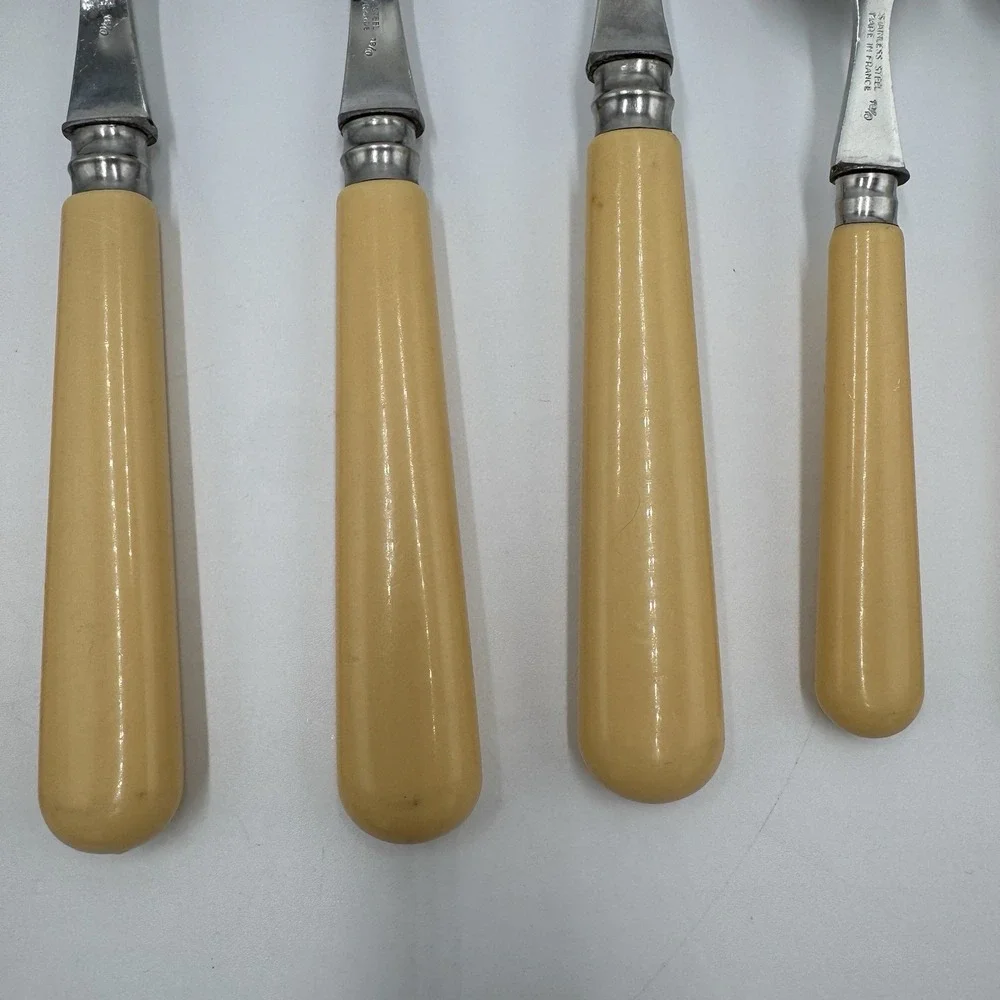 Jean Dubost Yellow Flatware 8 Pc Lot Stainless France Knives Spoons